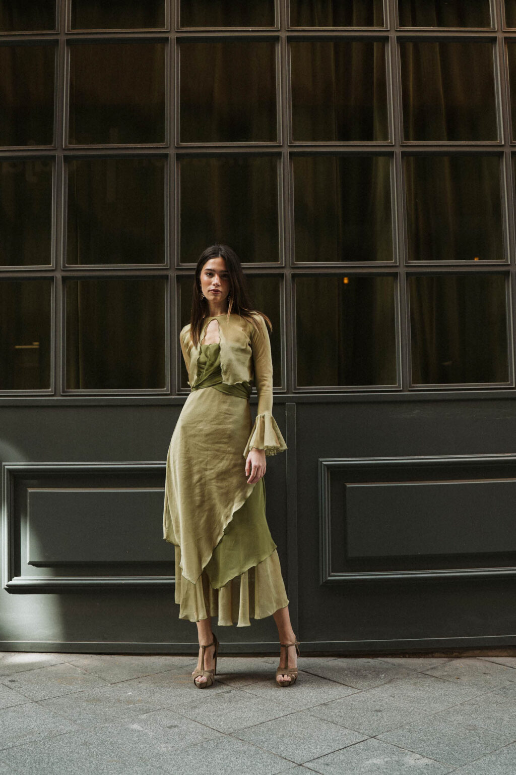Odelette Cabestro Gasa Vestidos Con Falda En Cascada Verde Oliva Tallas Grandes